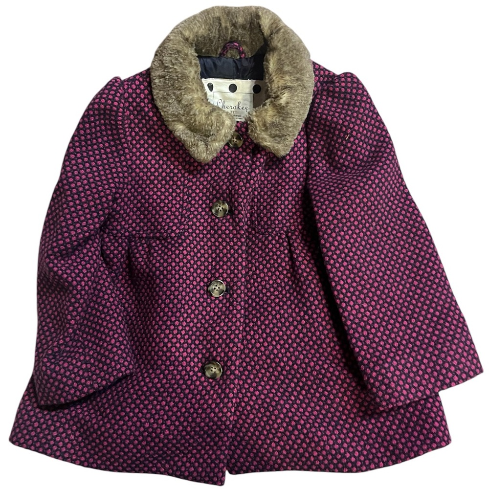 Pink Polka Dot Kids Coat with Faux Fur Collar